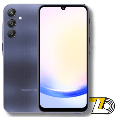 Imagen del celular Samsung A25 128GB, destacando su pantalla Super AMOLED y cámaras de última generación.