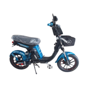 Bicimoto eléctrica negra con motor 3000W, batería 48V y accesorios multimedia