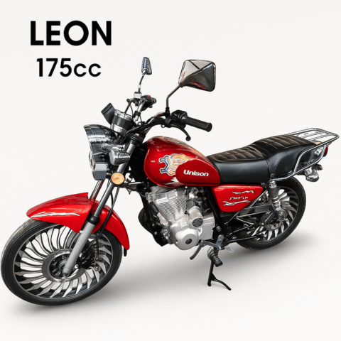 Moto AVA León Unison 175cc color rojo con freno de disco delantero y diseño aerodinámico.