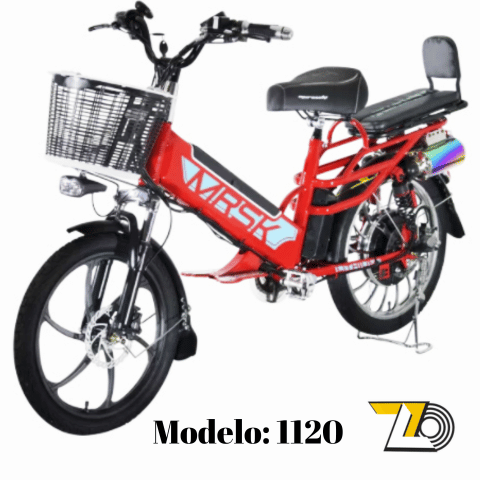 Imagen de bicicleta eléctrica MURASAKI color naranja con canasta delantera, frenos de disco, sillón doble y bocinas integradas.