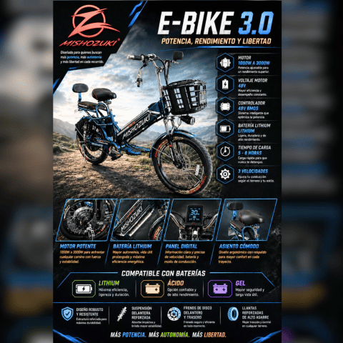 Bicicleta eléctrica Mishozuki E-Bike 3.0 con motor de hasta 2000W, batería lithium, panel digital y frenos de disco
